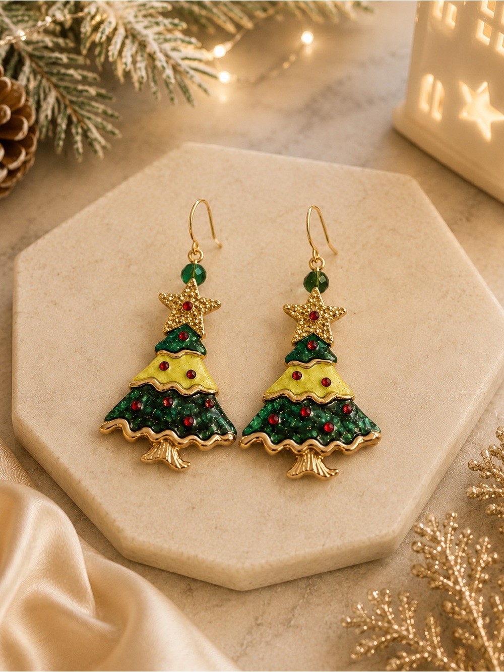 Festive Gold-Tone Green Christmas Tree Drop Earrings